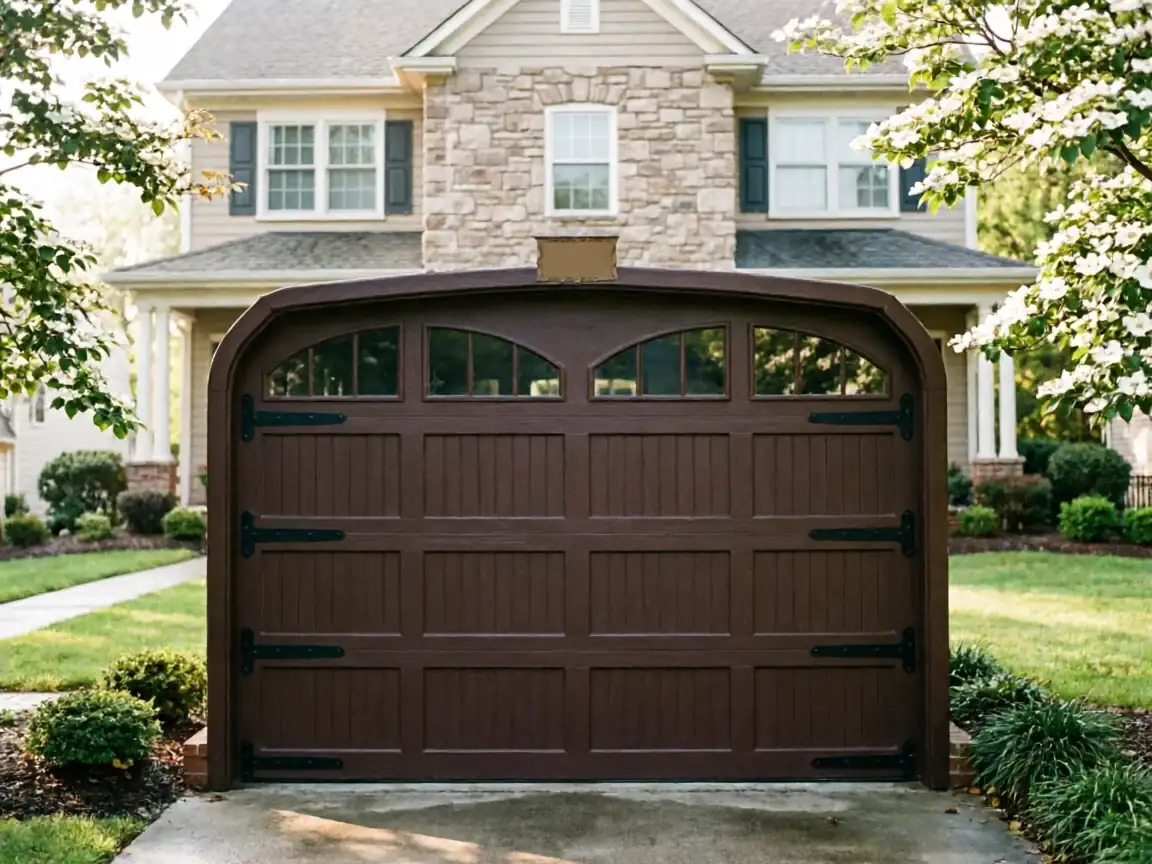 A brown arched garage door with windows and decorative black hinges.