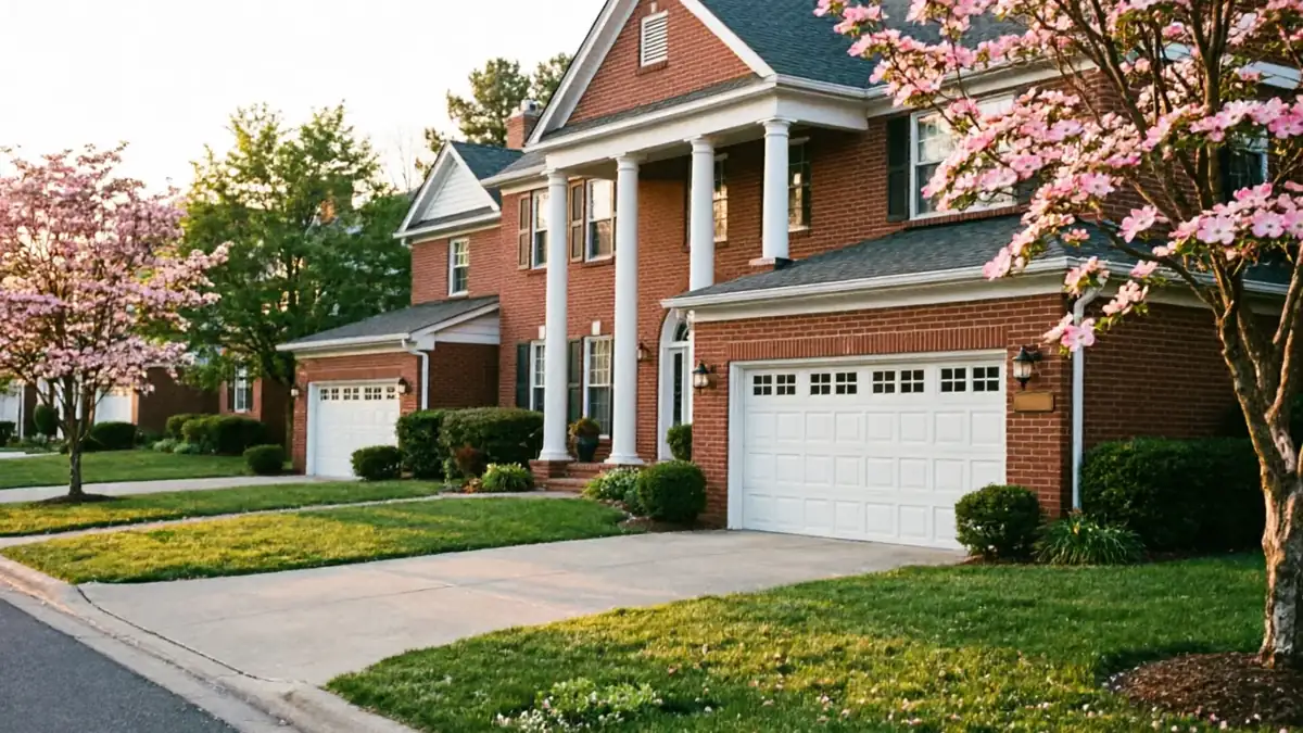 The house has two white garage doors with windows, brick walls, and white columns.