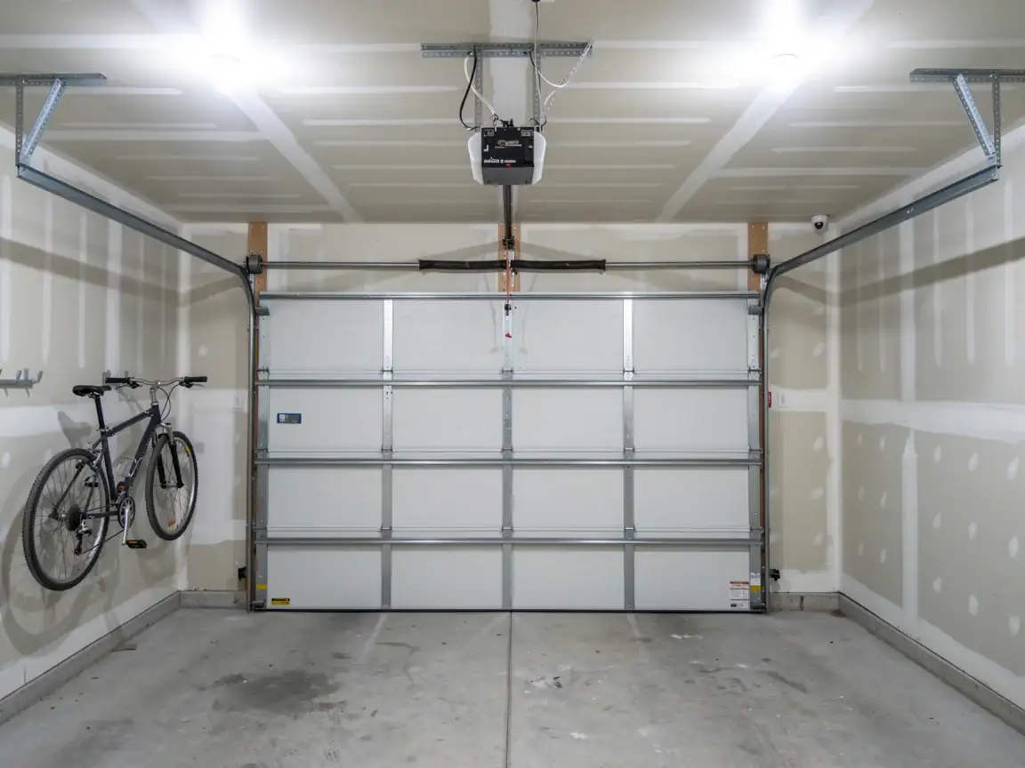 A white garage door is closed in a garage with a bicycle hanging on the wall.