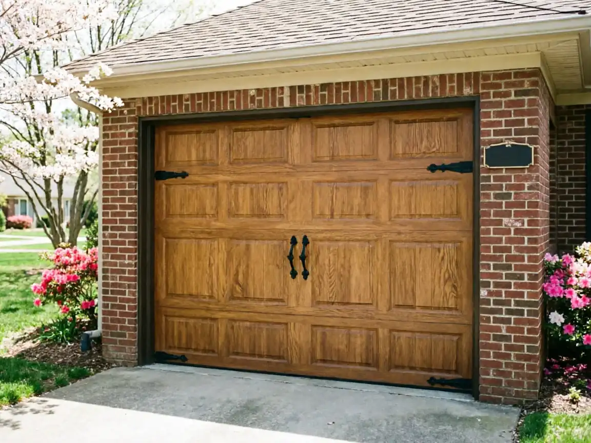 A brown wooden garage door with black hardware is set in a brick wall.